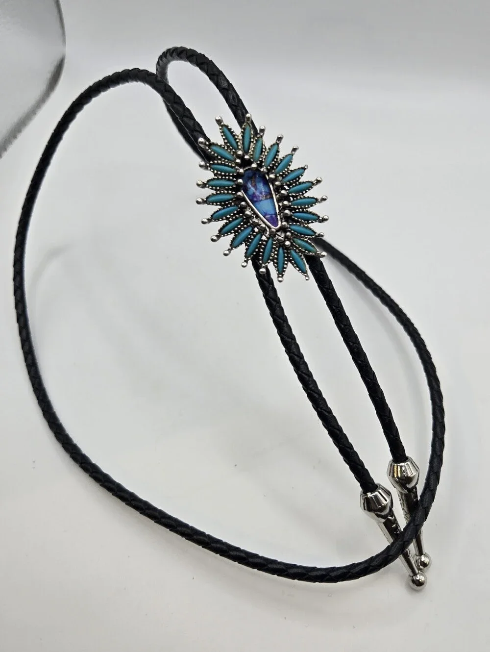 Silver Faux Turquoise Western Bolo Tie Leather Braid Rockstar 70s Aesthetic